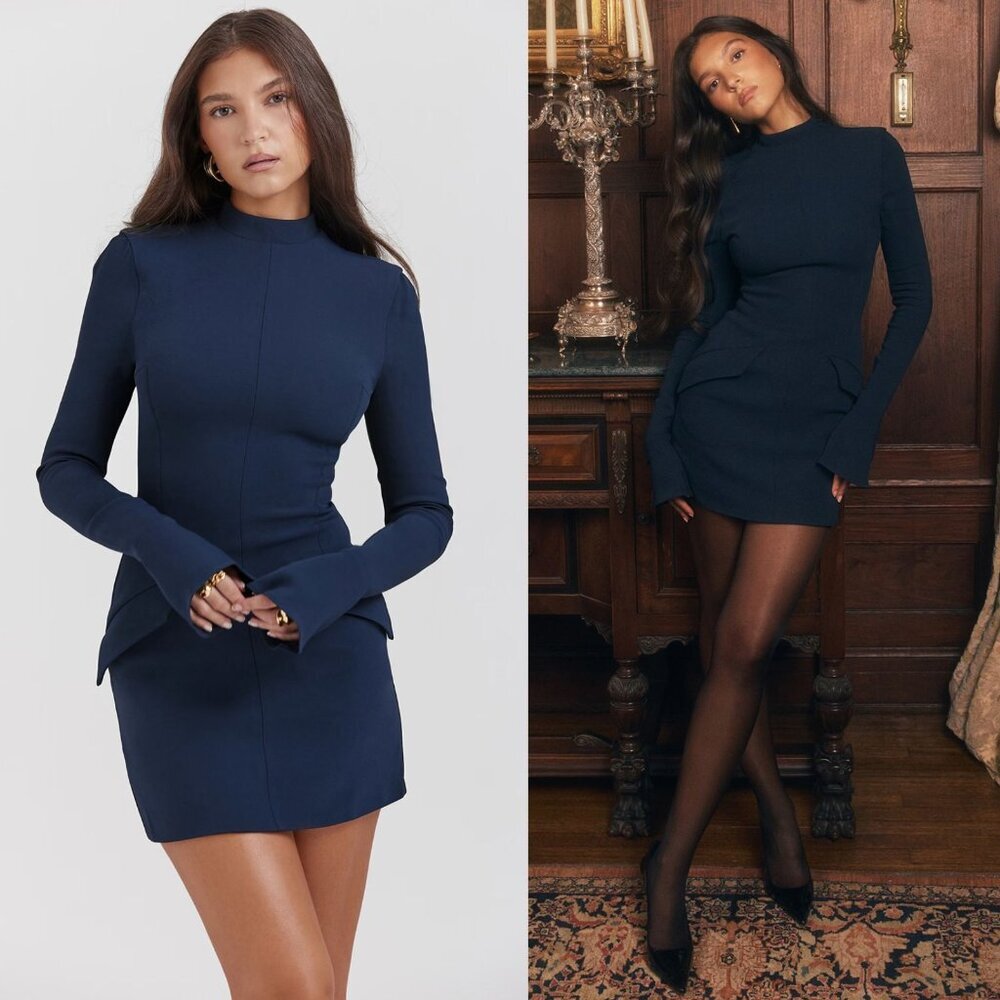 House of CB Mahalia Navy Blue Long Sleeve Tall Mini Dress Size XS - Picture 12 of 14